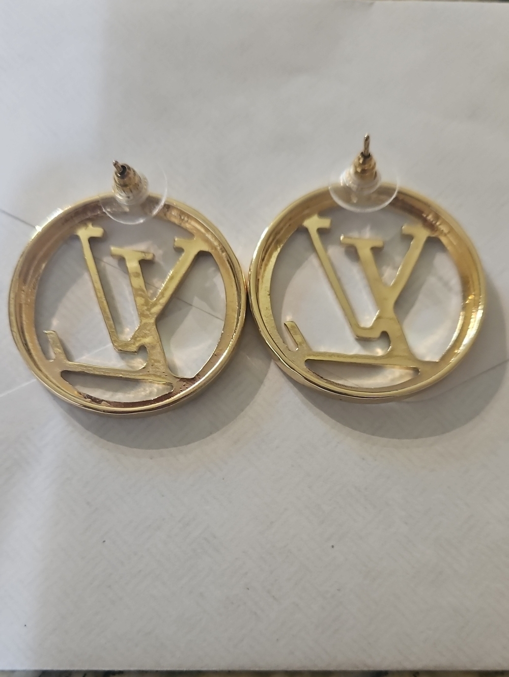 Gold Round LV Monogram Earrings - Picture 3 of 3